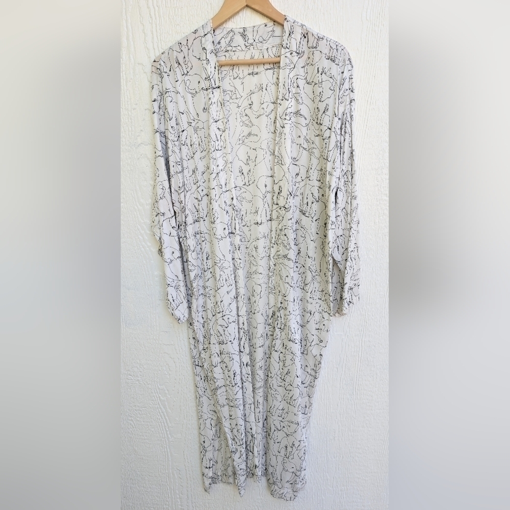 Handmade In Morocco Elephant Print Satin Boho Chic Hippie Duster Kimono Cover Up